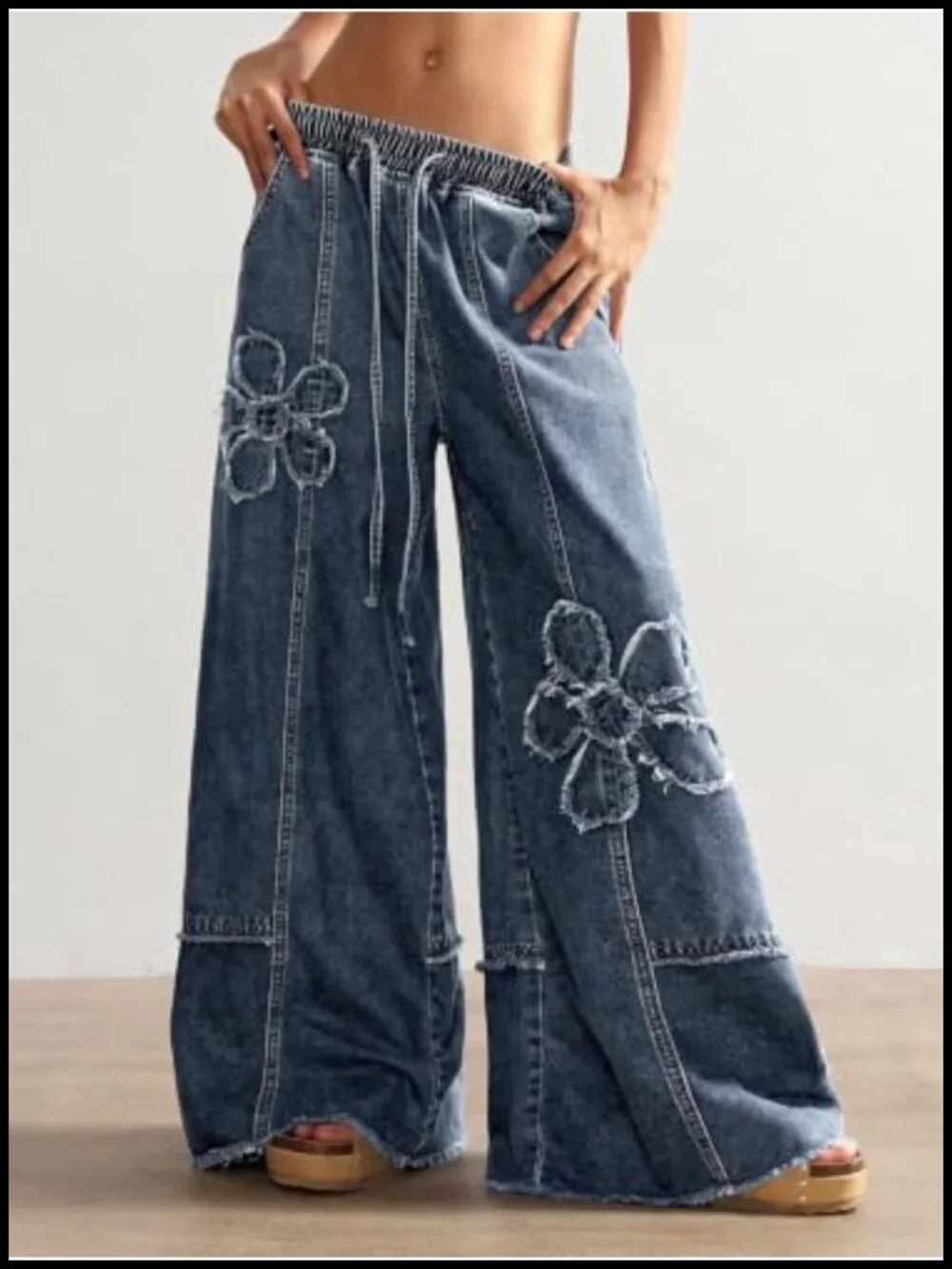 Y2K Floral Baggy Wide Leg Jeans Low Rise Drawstring Elastic Waist Denim Pants